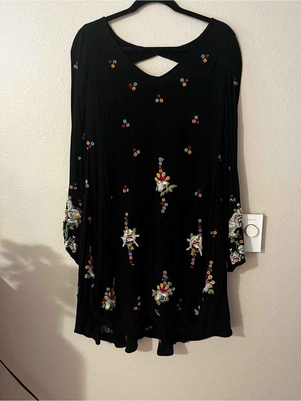 Free People Black Long Sleeve Embroidered Floral Tunic Dress